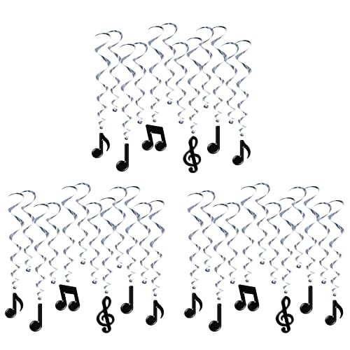 Music Notes Hanging Whirls - 36 Pack Musical Party Decorations - Silver & Cardstock for Events