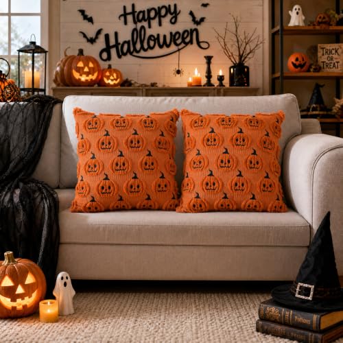 Halloween Pillow Covers 16x16 Set of 2 - Rust Red Pumpkin Tufted Decor