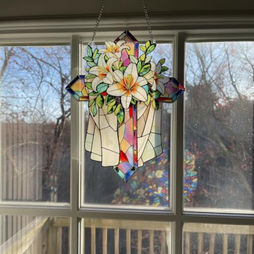 Stained Glass Cross Suncatcher with Floral Design - Religious Wall Decor Gift