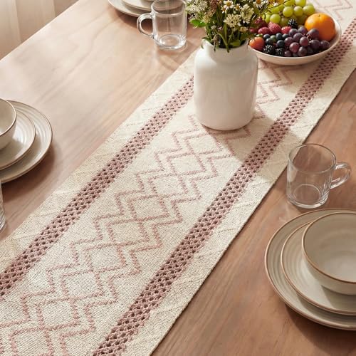 Pink Stripe Diamond Woven Table Runner 12x72 Inch - Durable Home Decor