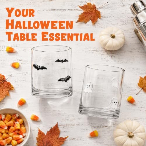 Halloween Ghost & Bat Glass Cups Set - 16oz Hand Blown Drinking Glasses, Party Supplies & Gift