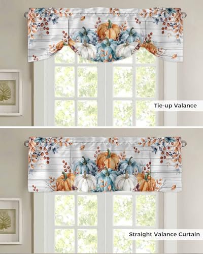 54x18 Inch Orange Blue Pumpkin Fall Kitchen Valance Set Window Treatments - Tie Up Wooden Rod Pocket Curtains for Home and Living Room - Thanksgiving Leaves