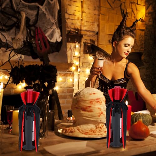 Halloween Vampire Cape Wine Bottle Covers - Reversible Knit Fabric Decorations, Set of 2