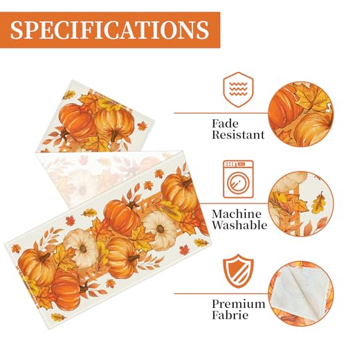 Fall Table Runner 13x108 Inch - Pumpkin & Maple Leaf Design, Yellow Fall Variation