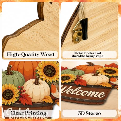 Wooden Fall Maple Sunflower Pumpkin Wreath for Front Door Welcome Sign - Color-G