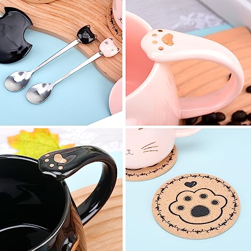 Black Ceramic Cat Mug with Stainless Steel Spoon - Cute Handmade Tea Cup for Girls Women