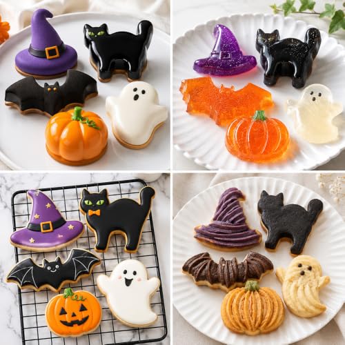 Halloween Cookie Cutters Set - Stainless Steel Bat Witch Hat Pumpkin Ghost Cat with Variation - Silver Halloween Baking Molds