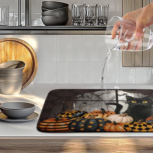 Halloween Black Cat Dish Drying Mat - Fall Pumpkin Kitchen Absorbent Microfiber 18x24
