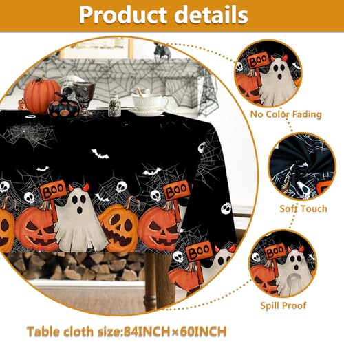 Halloween Tablecloth 60x84 Inch Rectangular Black Ghost Pumpkin Bats - Halloween Decor