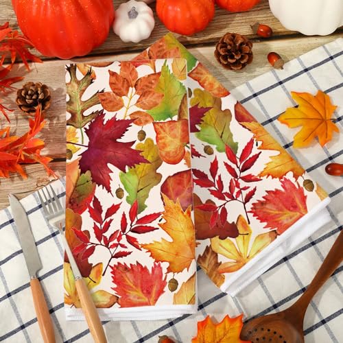 Fall Maple Leaf Kitchen Dish Towels 18x28 Inch Watercolor Decorative Hand Towels - 2 Pack