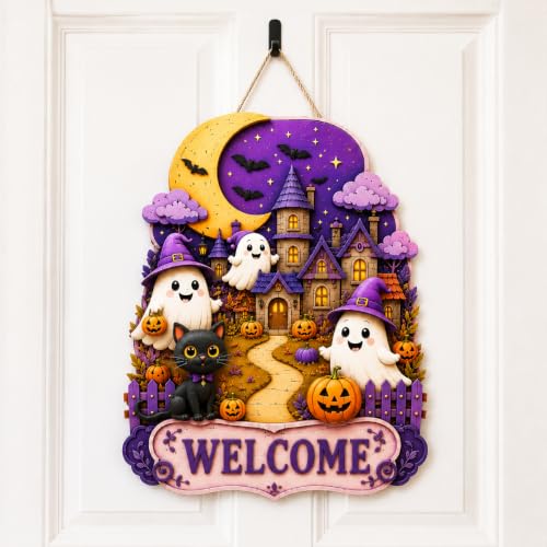 Halloween Wooden Wreath for Front Door - Purple Ghost Hanging Sign
