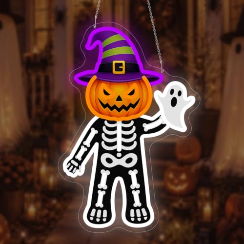Pumpkin Skeleton Halloween Neon Sign - Ghost LED Wall Decor, Dimmable, USB Powered