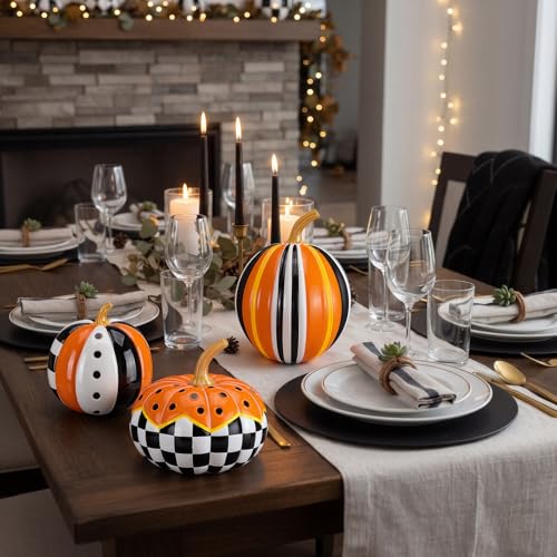 3-Piece Fall Halloween Black and White Pumpkin Decor Set - Resin Autumn Ornaments