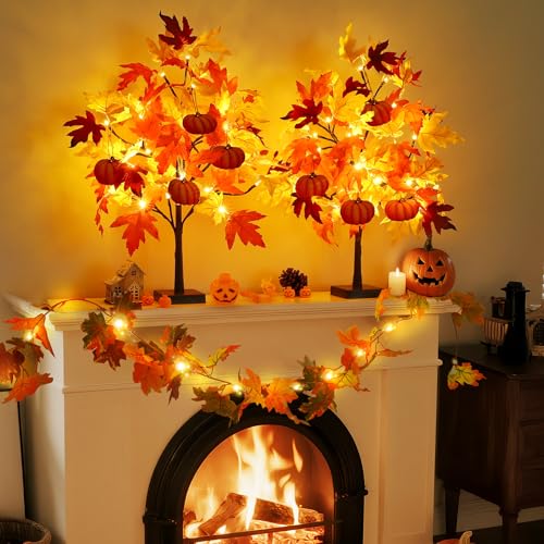 24-Inch Fall Maple Tree Lights Set with Pumpkin Ornaments - Battery & USB Powered Decor