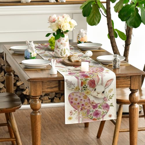 Easter Bunny Rabbit Table Runner 13x72 Inch Pink Seasonal Spring Floral Kitchen Decor