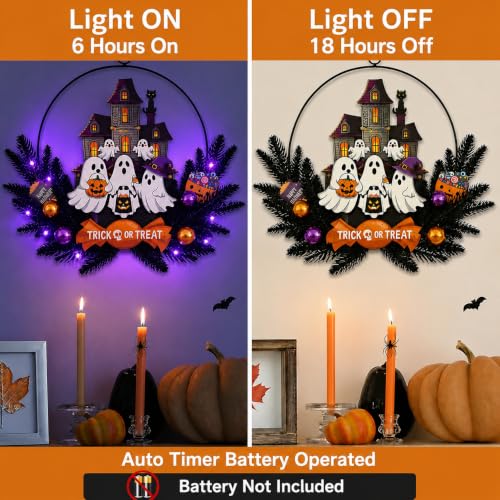 Pre-Lit Halloween Ghost Wreath with Timer for Front Door - Battery Operated, Autumn Decor