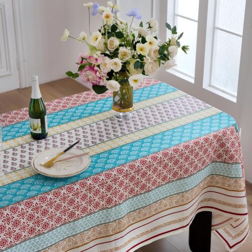 Everly 100% Linen Tablecloth - Bohemian Mosaic Striped 84 x 60 Inch Rectangular