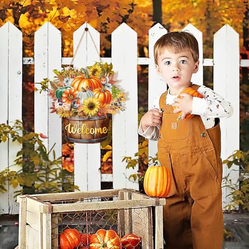 Fall Barrel Welcome Wreath for Front Door - Large Wooden Pumpkin & Maple Leaf Thanksgiving Sign - Farmhouse Autumn Decor