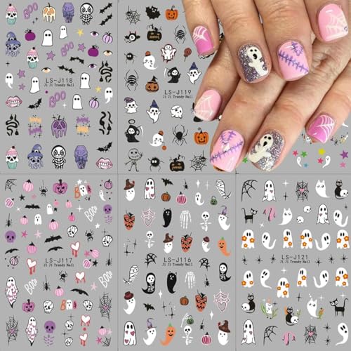 Halloween Nail Decals Set - 10 Sheets 3D Ghost Pumpkin Bat Skull Stickers - Style F