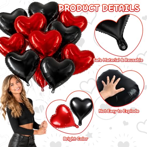 TONIFUL 30 Pack Red and Black Heart Foil Balloons - 3 Sizes for Gothic Wedding & Party Decorations