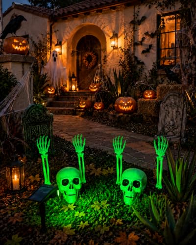 6+1P Halloween Skeleton Decorations Outdoor with Solar Spotlight & 2 Skull