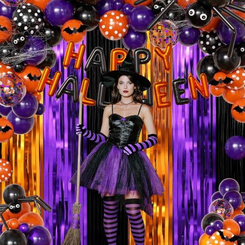 Halloween Fringe Curtain Set - Orange Purple Black Party Decorations with Balloons & Bats - Variation of Black Purple Orange