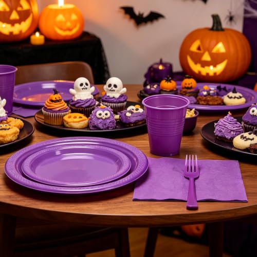 Purple Plastic Party Plates and Napkins Set for Birthday & Halloween - 50 Pack