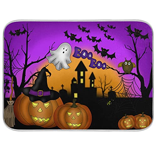 Halloween Pumpkin Ghost Reversible Microfiber Dish Drying Mat 16x18 Kitchen Counter Accessory