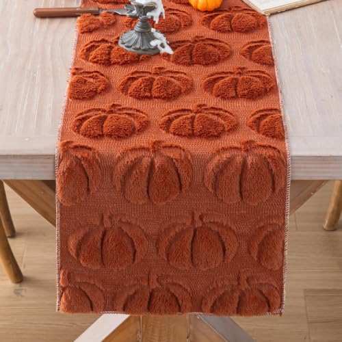 Fall Pumpkin Table Runner Rust 13x72 Inches Plush Autumn Decor