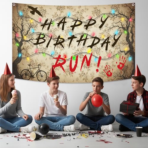 Brown Happy Birthday Backdrop - Spooky Forest Theme for Halloween Party