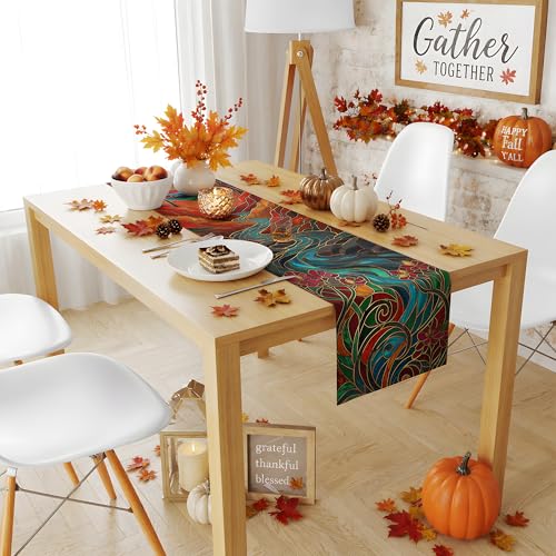 OHOME Fall Decor Stained Glass Table Runner - Fall Flower Variation