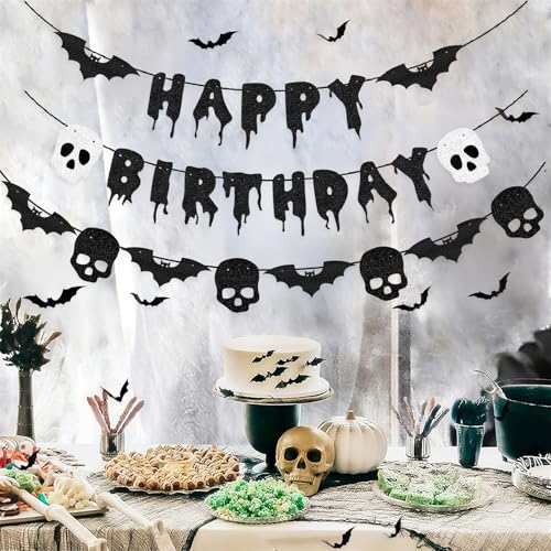 Halloween Birthday Banner with Bat & Skull Decorations - Black Glitter Party Decor