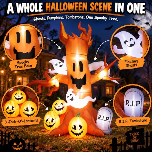 8FT Halloween Inflatable Ghost Tree Decoration with Pumpkins and Tombstone