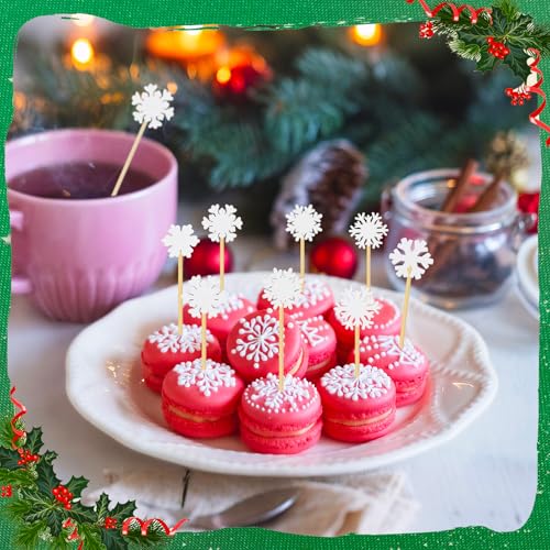 Christmas Snowflake Cocktail Picks - White Bamboo Toothpicks for Food & Drinks