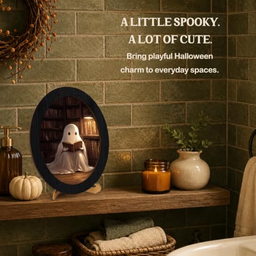 Vintage Ghost Library Halloween Oval Wall Art Frame - Bookish Ghost Variation