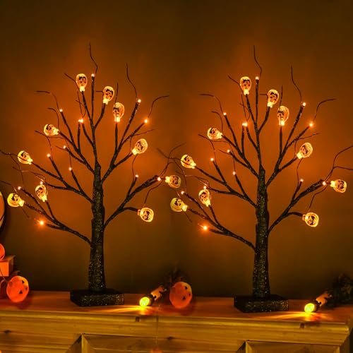 Lighted Halloween Tree with Pumpkin Ornaments - Black Spooky Bonsai Decor, 18 Inch Indoor Tabletop Decoration