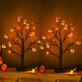 Lighted Halloween Tree with Pumpkin Ornaments - Black Spooky Bonsai Decor, 18 Inch Indoor Tabletop Decoration