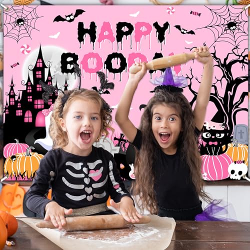 Happy Boo Day Banner Backdrop 7x5 ft Pink Halloween Birthday Decorations - Avezano