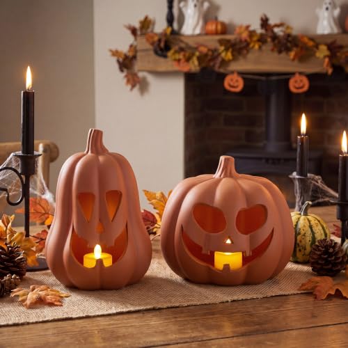 Terracotta Jack O Lantern Pumpkin Decor Set - Halloween Ghost Carved Tea Light Holders - Variation of Terracotta