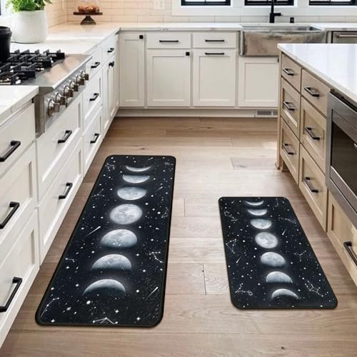 Moon Phase Kitchen Rugs Set 2 Pieces Black Non-Skid Mat & Runner - Variation Moon-2