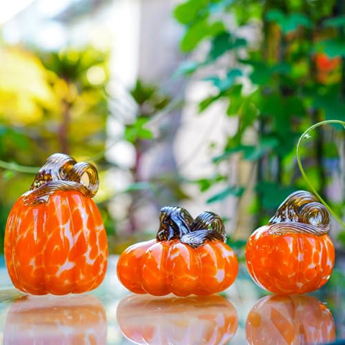 Set of 3 Hand-Blown Glass Pumpkin Decorations for Fall Halloween Thanksgiving