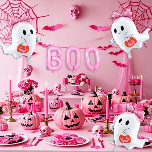Pastel Pink Ghost Balloons Set with Bows & Pumpkins - Halloween Party Decor