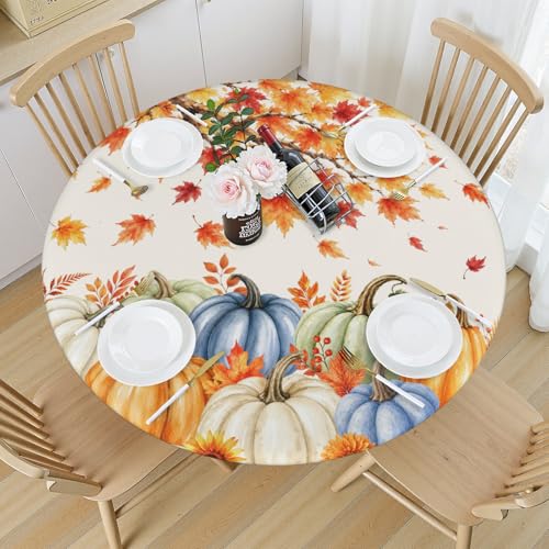 Fall Pumpkin Round Fitted Tablecloth Orange Maple Leaf Waterproof 40-44 Inch