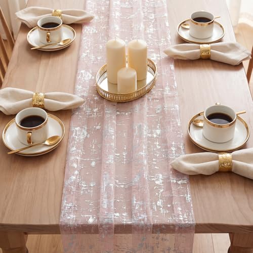 Pink Silver Gauze Table Runner 28 x 120 Inch Sheer Glitter for Wedding & Party Decor