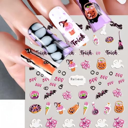 Halloween 5D Nail Art Stickers Set - Pink Embossed Self-Adhesive Decals with Skull Ghost Pumpkin for DIY Manicure 5D Halloween Variation