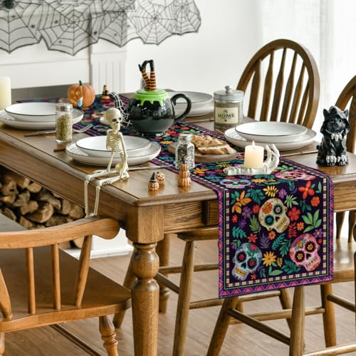 Mexican Sugar Skull Table Runner - Day of The Dead Decor 13x48 Inch Multi Color