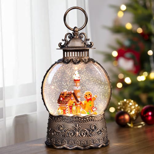 Christmas Snow Globe Lantern - Gingerbread Man Musical Decor with Swirling Glitter, Timer & USB Power