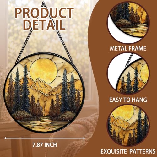 Mountain Sunset Stained Glass Window Hanging - Nature Forest Suncatcher - Color03 - 7.9 Inch