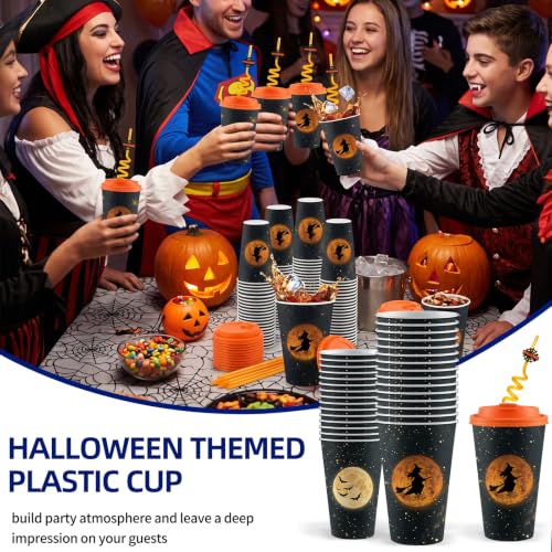 Halloween Witch Disposable Plastic Gift Cups - 16oz, 24 Sets with Lids & Straws