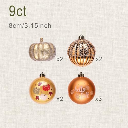 Fall Ornaments Christmas Tree Decorations - Autumn Glow 9pcs 3.15 Inch Orange Harvest